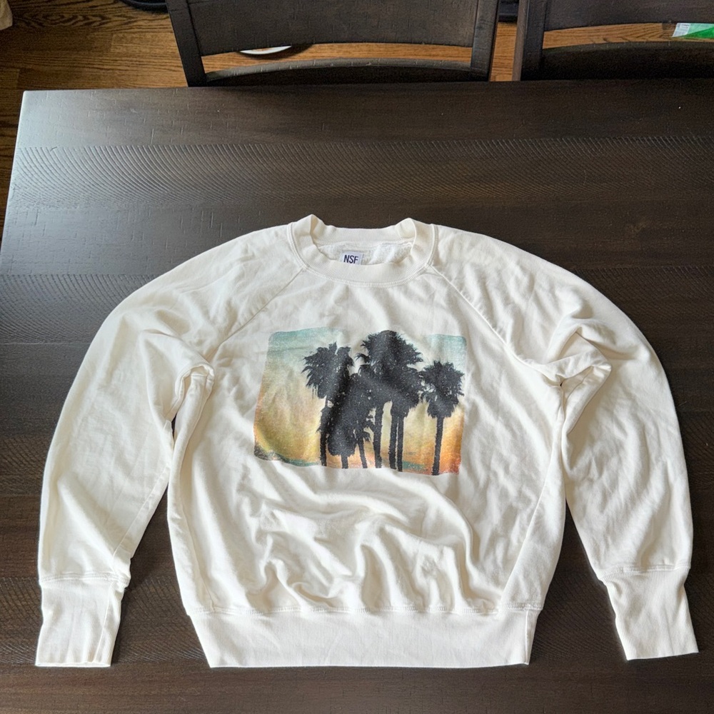 NSF White Crewneck Sweater with Palm Tree Design Large